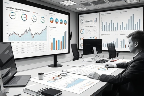 Comprehensive leadconversion metrics, meticulous, calculating insights, photorealistic, corporate boardroom with charts and graphs, highly detailed, interactive elements, technical mapping, monochrome with splashes of color, sharp artificial lighting, shot with a telephoto lens.