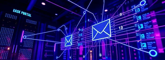 dynamic connection email portal, connected, showing network lines and nodes, photorealistic, high-tech room with LED panels and fiber optics, highly detailed, flowing data streams and pulsing lights, 8K quality, deep purple and cyan colors, soft diffused lighting, shot with a telephoto lens