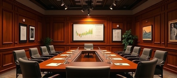 classic companyoverview infographic, professional, depicting, photorealistic, traditional boardroom with wooden panels, highly detailed, printed documents and charts, 4K definition, warm colors, spotlight lighting, shot with a telephoto lens.