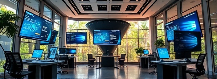 Advanced leadconversion funnel, progressive, tracking conversions, photorealistic, executive suite with multi-screen displays, highly detailed, converging interface structures, technical innovation, tropical colors, natural daylight flood, shot with a wide-angle lens.