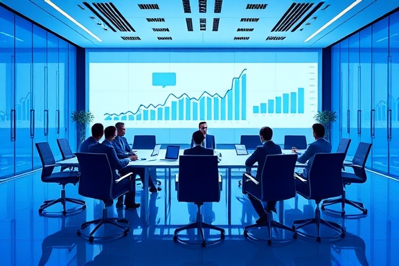 dynamic companyoverview profile, comprehensive, highlighting, photorealistic, modern corporate setting with conference tables, highly detailed, animated business graphs, 10K quality, cool blue palette, natural lighting, shot with a standard lens.