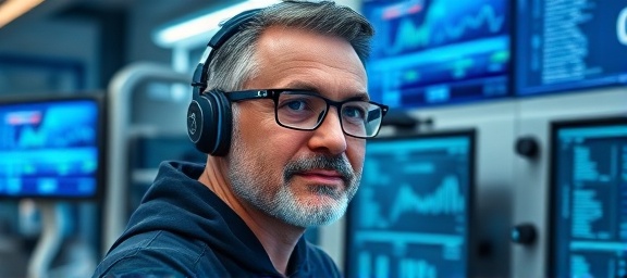 innovative customizedservices, expert expression, diligently improving, photorealistic, inside a high-tech service center, highly detailed, with screens displaying data, crisp clarity, blue and silver, diffused lighting, shot with a 35mm lens