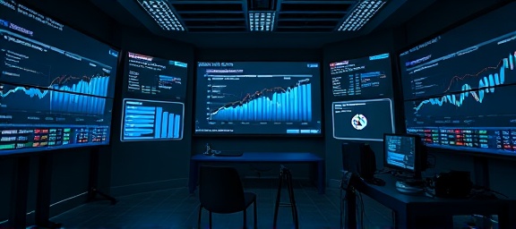 Accurate leadconversion metrics, precise, measuring performance, photorealistic, tech-savvy room with LED screens, highly detailed, live analytics, technical depth, cool gray scale, cool LED lighting, shot with a zoom lens.