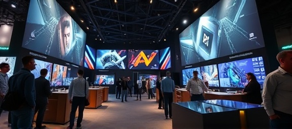 forward-thinking custominnovations, confident expression, passionately creating, photorealistic, at the forefront of tech exhibition, highly detailed, with interactive displays, dynamic depth, vivid colors, spotlight lighting, shot with a 24-70mm lens