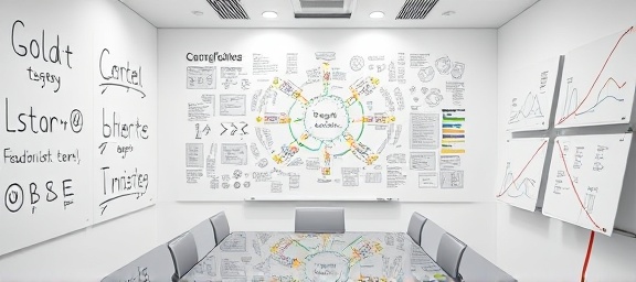 comprehensive testingoptimization Strategy, thoughtful, mind mapping, photorealistic, whiteboard-filled conference room, highly detailed, flowing graphs and diagrams, ultra-sharp, monochrome with color highlights, studio lighting, shot with a 24mm lens.