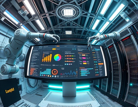 sleek automation email dashboard, excited, illustrating automated processes, photorealistic, techy background with robotic arms and servers, highly detailed, spinning gears and blinking lights, 4K resolution, metallic silver and neon accents, dramatic overhead lighting, shot with a fisheye lens.