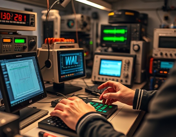 dynamic testingoptimization Tools, engaged, hands-on-testing, photorealistic, tech lab filled with devices and equipment, highly detailed, instruments in motion, macro capture, silver and digital green, warm diffused lighting, shot with a 85mm lens.