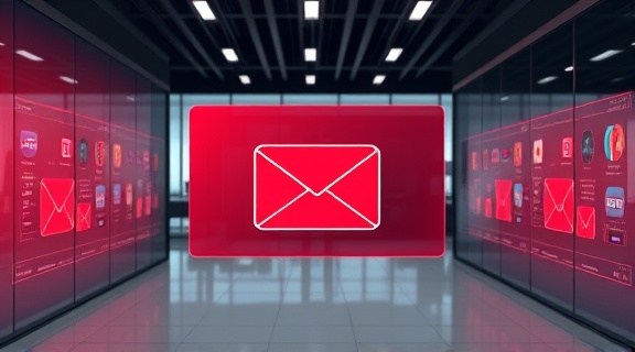 interactive integration email screen, inquisitive, showing connectivity between applications, photorealistic, sleek office space with virtual reality panels, highly detailed, animated application icons and syncing bars, full HD resolution, bold red and black contrast, soft under lighting, shot with a standard lens.