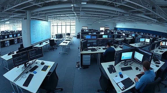 efficient setupguide, precise, arranging plans, photorealistic, open-plan tech office with desk clusters, highly detailed, tech gadgets scattered, sharp accuracy, cool colors, backlit lighting, shot with a fish-eye lens.
