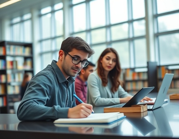 organized setupguide, attentive, writing instructions, photorealistic, modern library with large windows, highly detailed, books in the background, sharp focus, cool hues, diffused natural light, shot with a 24mm lens.