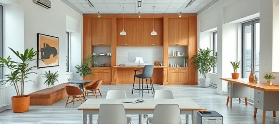 minimalist companyoverview summary, concise, arranging, photorealistic, open-plan workspace with natural elements, highly detailed, subtle texture overlays, HDR quality, earth tones, direct lighting, shot with a tilt-shift lens.