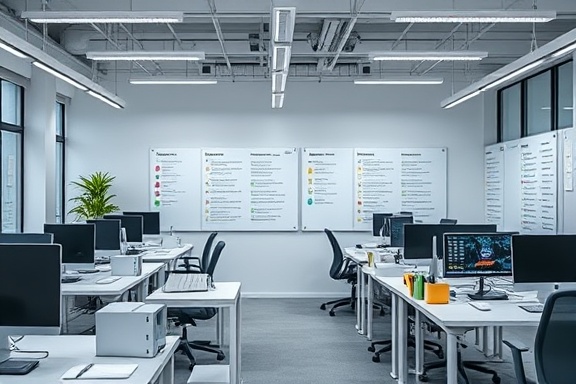 efficient workflow email layout, methodical, highlighting task management features, photorealistic, modern office setup with organized desks and digital whiteboards, highly detailed, animated task bars and checklists, high-definition clarity, cool gray and pastel yellow scheme, focused spotlight, shot with a macro lens.