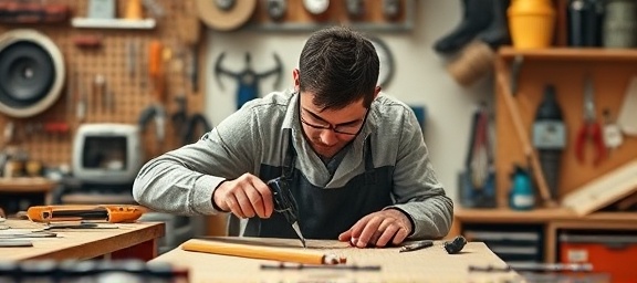 unique customizationwork, focused expression, skillfully modifying, photorealistic, in a vibrant maker space, highly detailed, with tools scattered around, perfect symmetry, warm tones, natural lighting, shot with a 85mm lens