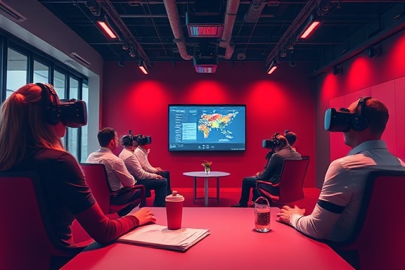 Robust leadconversion strategy, innovative, planning development, photorealistic, collaborative meeting space with virtual reality gear, highly detailed, immersive group brainstorming, technical clarity, deep reds, balanced studio lighting, shot with a telephoto lens.