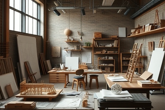 artful customprojects, analytical expression, ingeniously constructing, photorealistic, in an open-plan studio, highly detailed, with drafts and models around, rich textures, muted palette, soft directional lighting, shot with a macro lens