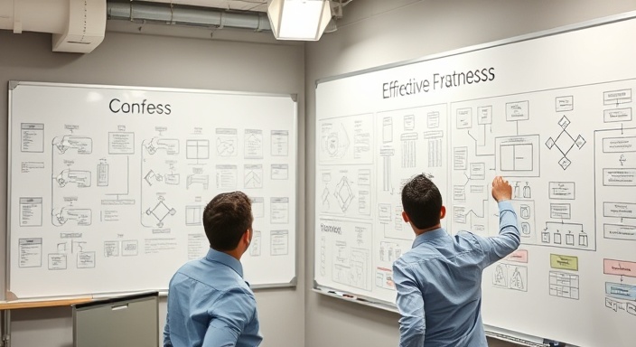 Effective leadconversion strategy, determined, executing plans, photorealistic, urban office with whiteboards filled with diagrams, highly detailed, dynamic flow diagrams, technical structure, pastel tones, overhead fluorescent lighting, shot with a standard lens.