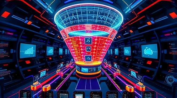 Efficient leadconversion funnel, analytical, refining process, photorealistic, high-tech environment with holographic interfaces, highly detailed, dynamic network paths, technical sophistication, bold primary colors, soft ambient lighting, shot with a fisheye lens.
