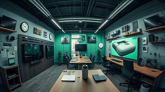 sophisticated formelement, aesthetically pleasing, syncing with user input, photorealistic, within a tech-savvy co-working space filled with gadgets, highly detailed, hover effects with subtle animations, cool grey and green, diffused lighting, shot with a fisheye lens.