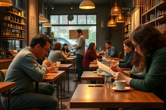 creative pricingstrategy, thoughtful, sketching ideas, photorealistic, cozy coffee shop with wooden tables, highly detailed, people chatting, fine grain texture, warm tones, soft ambient light, shot with a 50mm lens.