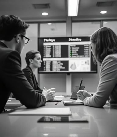 strategic pricingsetup, analytical, discussing objectives, photorealistic, boardroom with digital screens, highly detailed, colleagues interacting, clear crisp image, grayscale, mixed artificial light, shot with a 100mm macro lens.