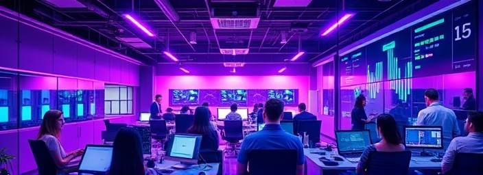 Prominent leadconversion success, inspired, achieving goals, photorealistic, dynamic startup office bustling with activity, highly detailed, moving data visuals, technical brilliance, violet and turquoise, harsh overhead lighting, shot with a wide-angle lens.