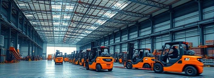 meticulous setupprocess, concentrated, assembling equipements, photorealistic, spacious warehouse with steel structures, highly detailed, forklifts in motion, high clarity, industrial colors, overhead lighting, shot with a 28mm lens.