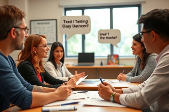 focused testingoptimization Process, dedicated, compiling results, photorealistic, classroom setting with educators discussing, highly detailed, animated speech balloons, detailed capture, warm and inviting colors, natural window lighting, shot with a 28mm lens.