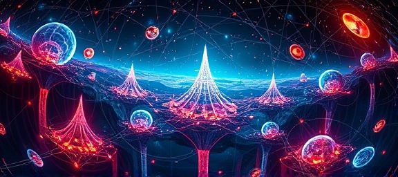 innovative companyoverview visuals, captivating, transforming, photorealistic, futuristic landscape with interconnected networks, highly detailed, pulsating energy flows, ultra high resolution, vibrant spectrum, chiaroscuro lighting, shot with a fisheye lens.