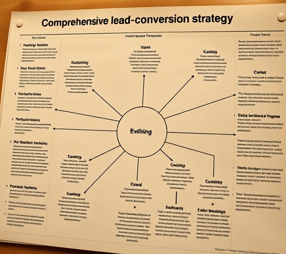 Comprehensive leadconversion strategy, methodological, evolving frameworks, photorealistic, strategic planning deck with thought maps, highly detailed, shifting linear progress, technical alignment, earth tones, warm studio lighting, shot with a macro lens.